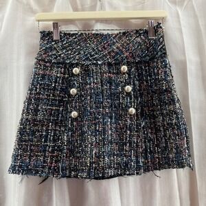 Zara Traf Collection Tweed Mini‎ Skirt Pearl Button Accents Women's XS